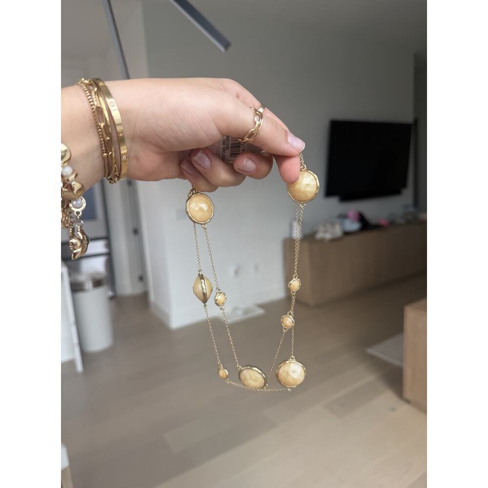 Long Gold Tone Station Necklace Beige Faceted Stones Layered Boho Boutique